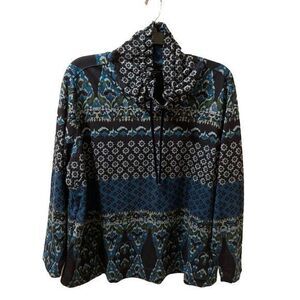 Susan Graver‎ Weekend Top Size 2X Printed Ponte Pullover  Cowl Neck Navy Teal